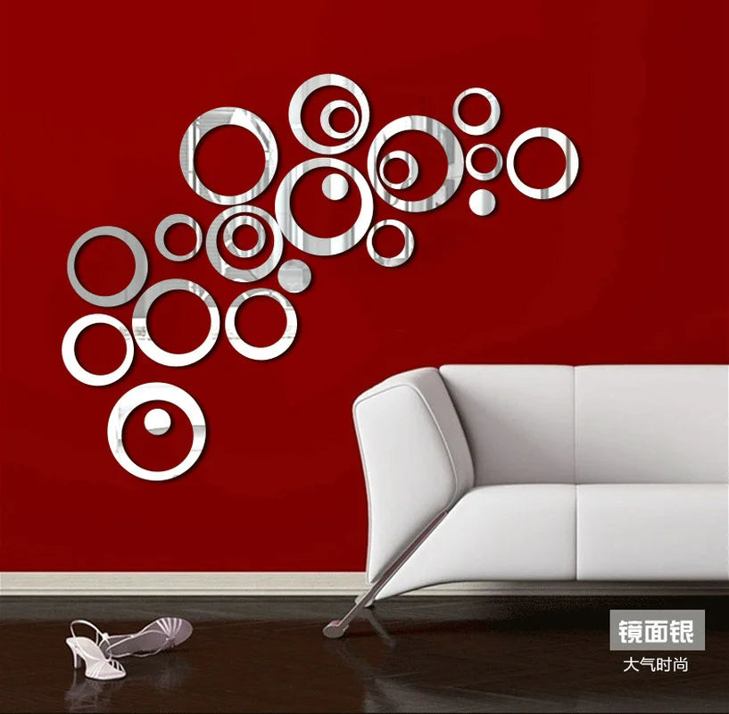 24pcs Ring Acrylic Three-dimensional Mirror Wall Stickers Living Room Bedroom TV Background Wall Circle Home Decoration