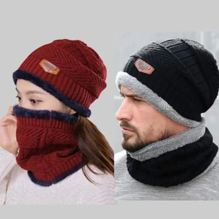 2pc Winter Cap Beanie Hat Cap Neck Warmer Scarf Set Fleece Lined Skull Cap and Scarf Unisex Hat & Scarf Set Stylish Knit Skull Cap for Men Women